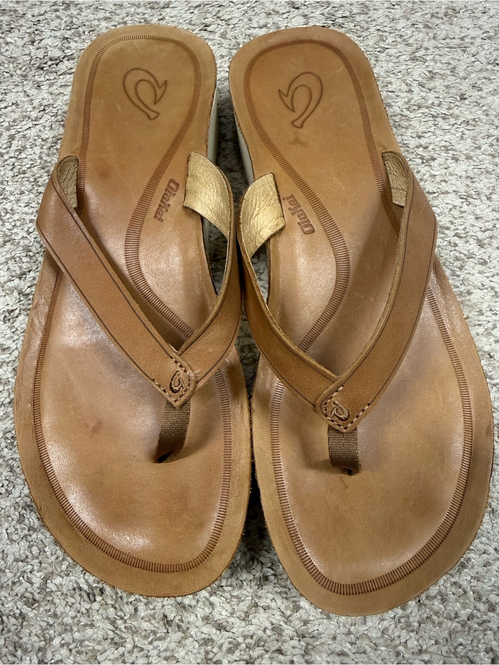 Olukai Women's Brown Leather Wedge Flip Flop Sandals